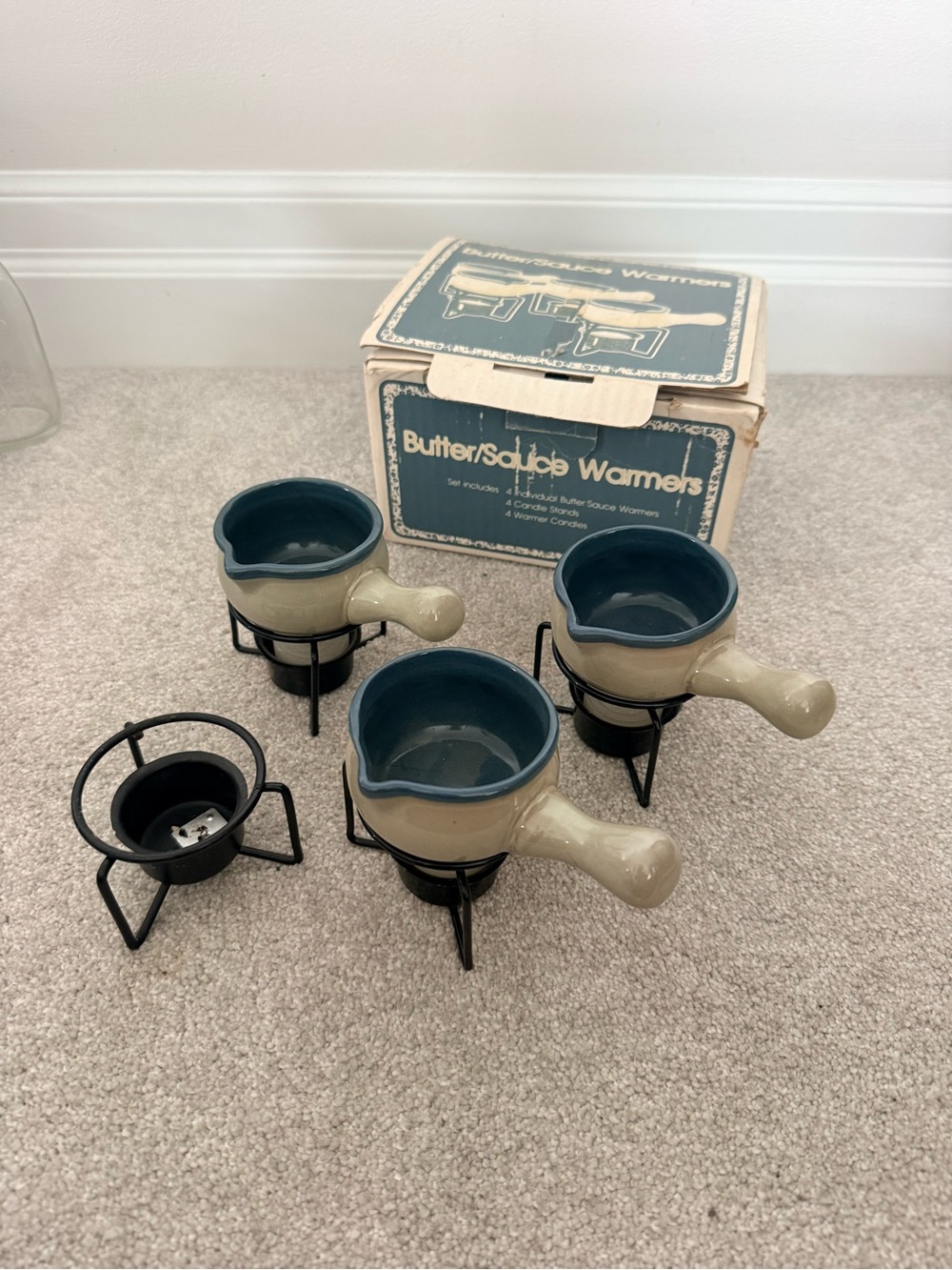 Butter/Sauce Warmers Ceramic Set of 3 - Blue Interior, Cream Exterior